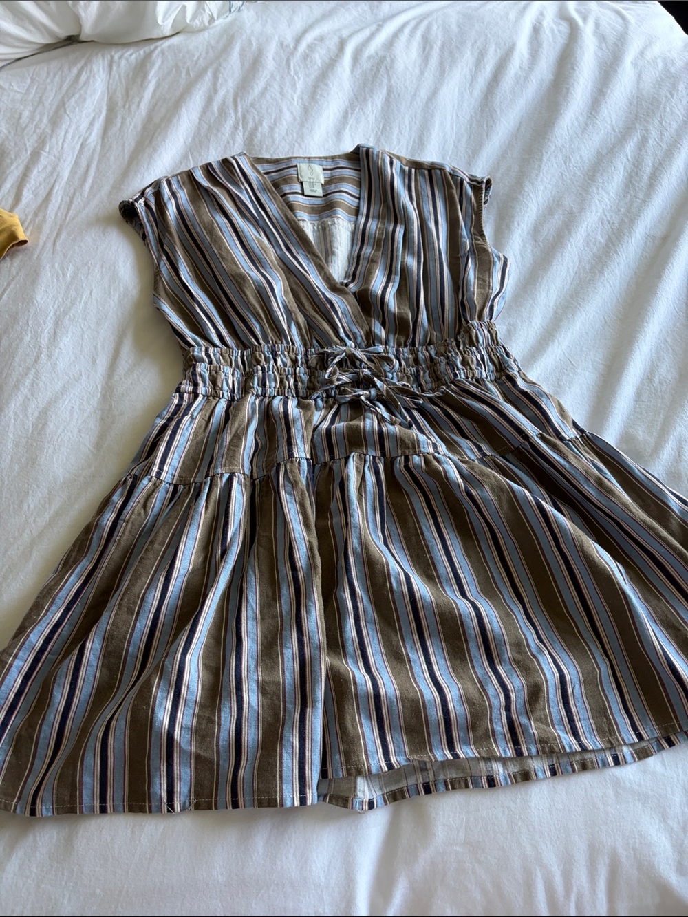 Joie Striped V-Neck Dress in Brown, Light Blue & Navy